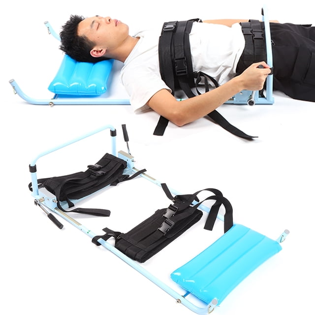 Lumbar Traction Bed Cervical Traction Bed by OTVIAP, designed for spinal correction and back support. Features a stainless steel frame, adjustable traction up to 800N, and a traction stroke of 220mm. Includes black waist belts, support rods, and a blue air pillow for cervical and lumbar relief. Compact and lightweight for home use.