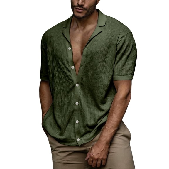 Uwinwear Short Sleeve Button Down Shirts for Men Cuban Collar Tees Hawaiian Fashion Textured Summer Beach Shirt Lightweight Breathable Casual Tops,Army Green,S