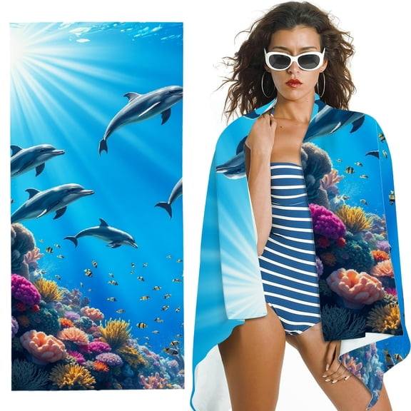 RKSupls Dolphin Coral Microfiber Beach Towel, Extra Large Quick Dry Lightweight Absorbent Towel for Travel Swimming Camping, Soft Super Absorbent- 30x60 in