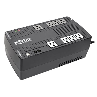 550VA 300W UPS with AVR by Tripp Lite, offering battery backup, 8 outlets, USB port, and telephone line protection. Compact black design with LED indicators for power status. Ideal for protecting computers and peripherals during power surges or outages.