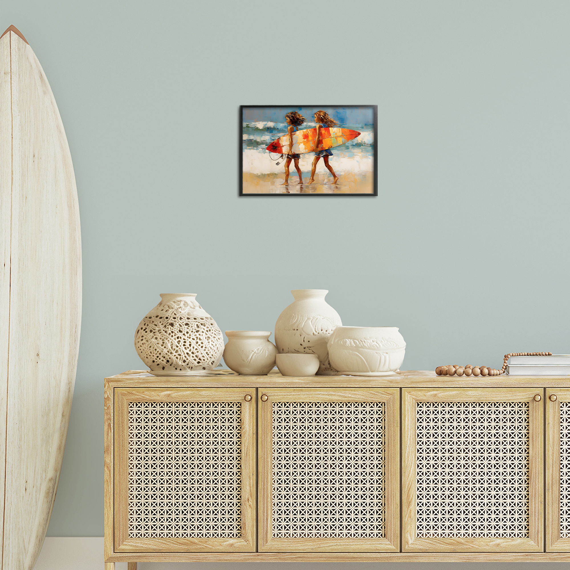 Stupell Industries Surfboard Kids Friends Sports Painting Black Framed Art Print Wall Art, 18 x 12