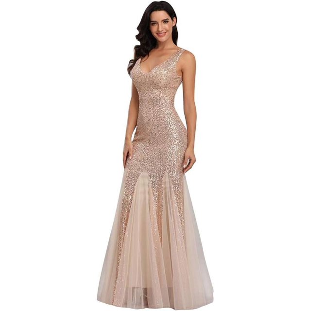 Sleeveless Double V-Neck Long Mermaid Sequin Formal Evening Dresses