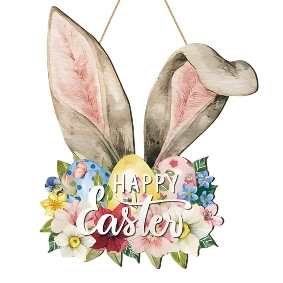 Yucurem Easter Wreath for Front Door, Happy Easter Eggs Flowers Leaves Wooden Door Hanging Sign for Home Wall Decor Party Outdoor indoor Supply Easter Decoration