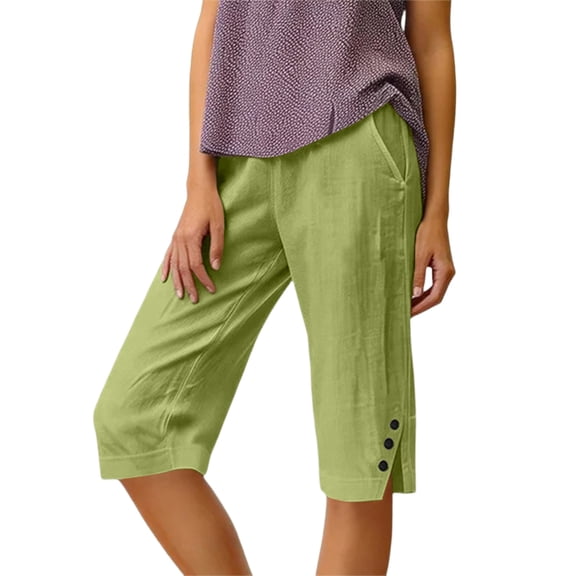 YIFUNIN Women's High Waisted Cropped Utility Joggers with Pockets, Business Casual Tapered Pants for Work, Summer Cotton Linen Drawstring,Army Green L