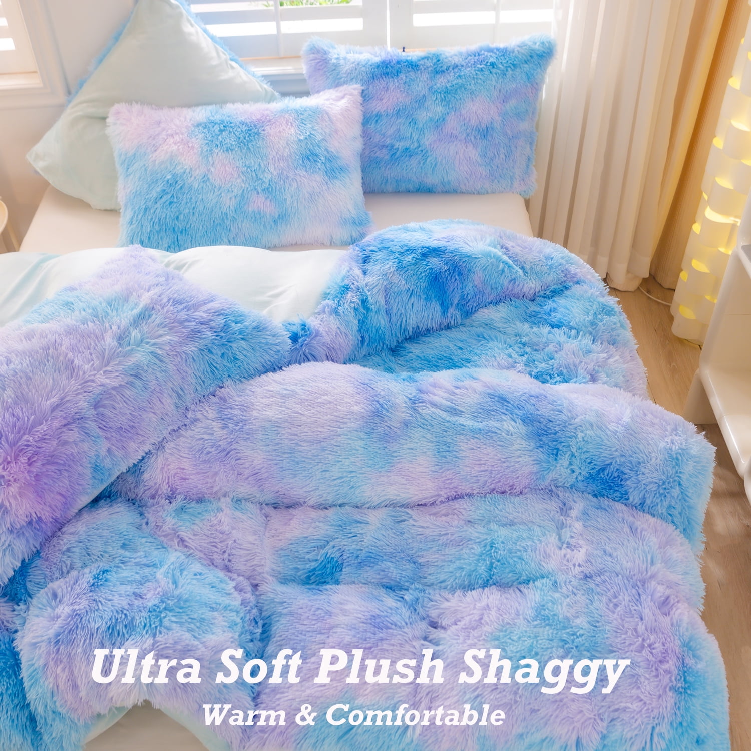 URBONUR Blue Rainbow Girls Comforter Set Twin Plush Shaggy Bedding Set Fluffy Comforter Faux Fur Fuzzy Bedding Set for Girls Ultra Soft Cozy Bed Sets(1 Fluffy Comforter + 2 Pillowcases)