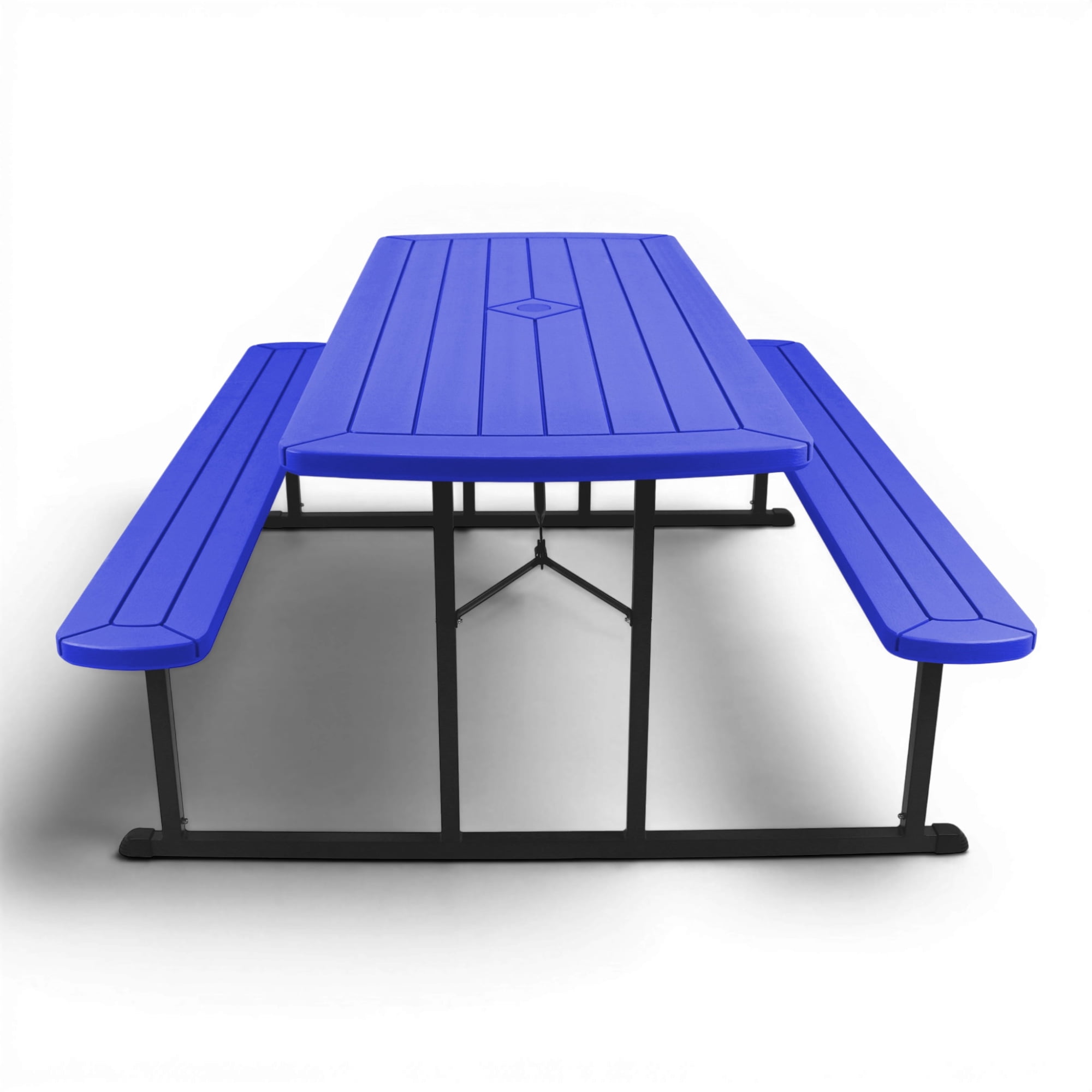 Hampden Furnishings Travis Collection Folding Picnic Table with Built-In Benches, UV-Resistant, Portable with Umbrella Hole, Blue