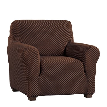 Collections Etc Textured Squares Ruffled Slipcover - Taupe Loveseat Cover With Side Pocket