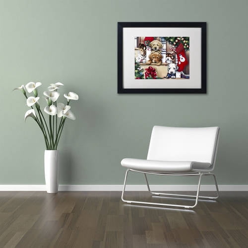 Trademark Fine Art 'Christmas Puppies On The Loose' Canvas Art by Jenny Newland, White Matte, Black Frame