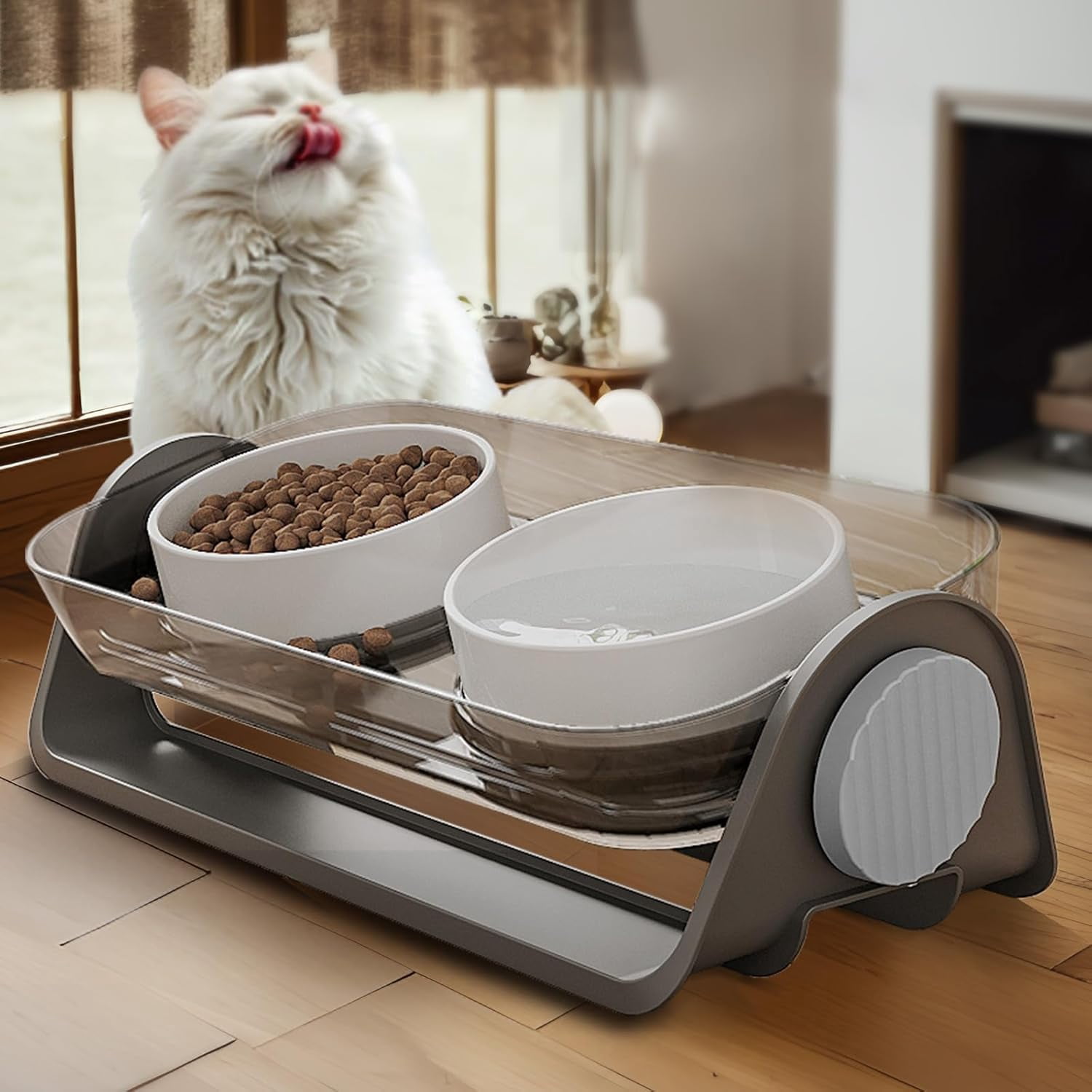 Elevated Cat Bowl, Raised Ceramic Dish, 100% Waterproof Cat and Dog Bowls, 15° Tilted Raised Stand Slip Resistant Raised Edges, Catch Water, Food Mess, No Spills