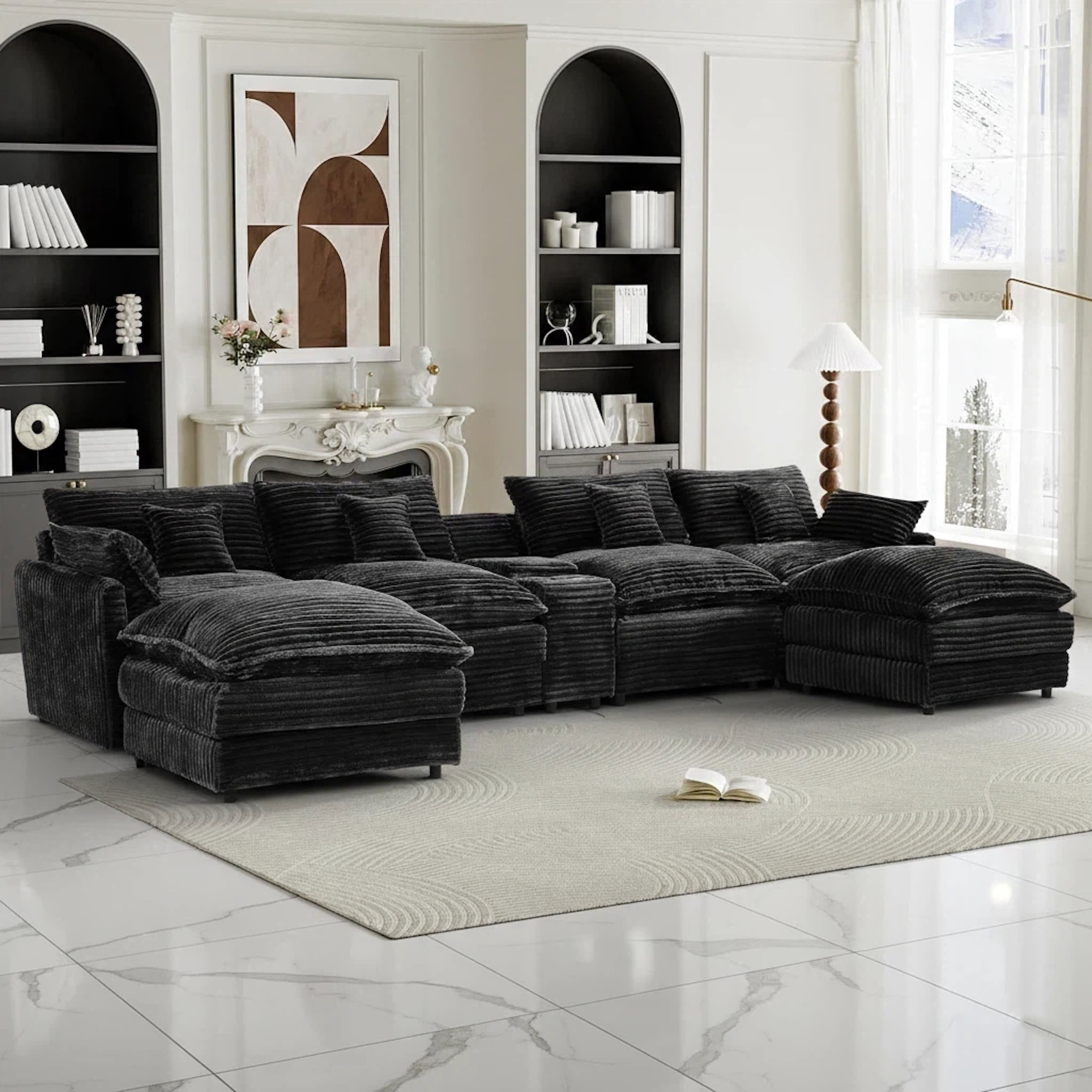 Aisword 145" U Shaped Cloud Couch Sectional with USB Charging, Hidden Storage, Cup Holders & Chenille Double Chaise, Black