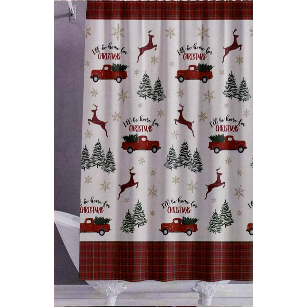 Winter Wonder Lane Retro Truck Shower Curtain with Christmas Tree Hooks ...