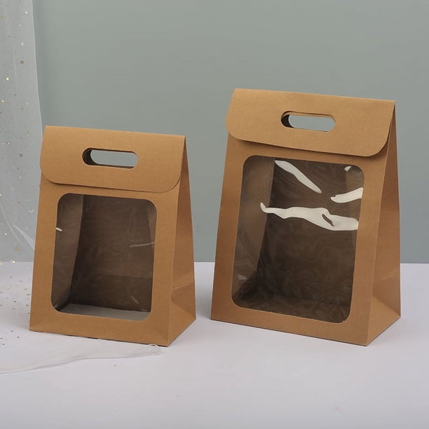 Zhuge Bolsas de embalaje para caja de regalo, bolsas de transporte con ventana transparente abatible, bolsas de transporte para regalo b (marrón, 25 * 15 * 35 cm)