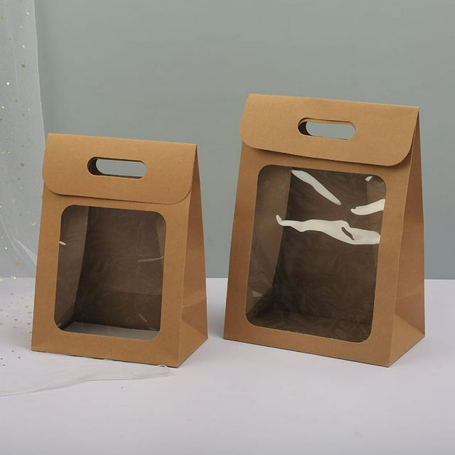 Zhuge Bolsas de embalaje para caja de regalo, bolsas de transporte con ventana transparente abatible, bolsas de transporte para regalo b (marrón, 25 * 15 * 35 cm)