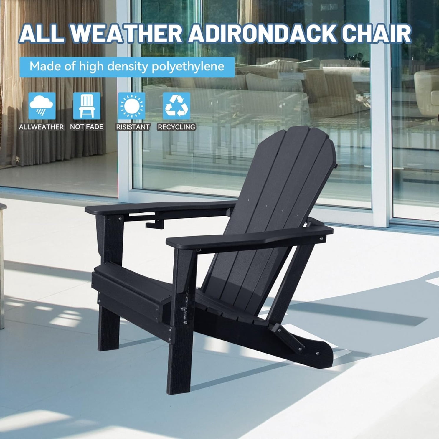 Folding Adirondack Chair, All-Weather HDPE Lawn Chair with Cup Holder, Comfortable Outdoor Patio Chair for Deck, Porch, Backyard, Garden, Black
