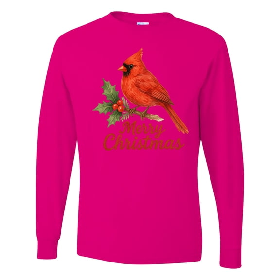 Inktastic Merry Christmas Cardinal with Holly Long Sleeve T-Shirt