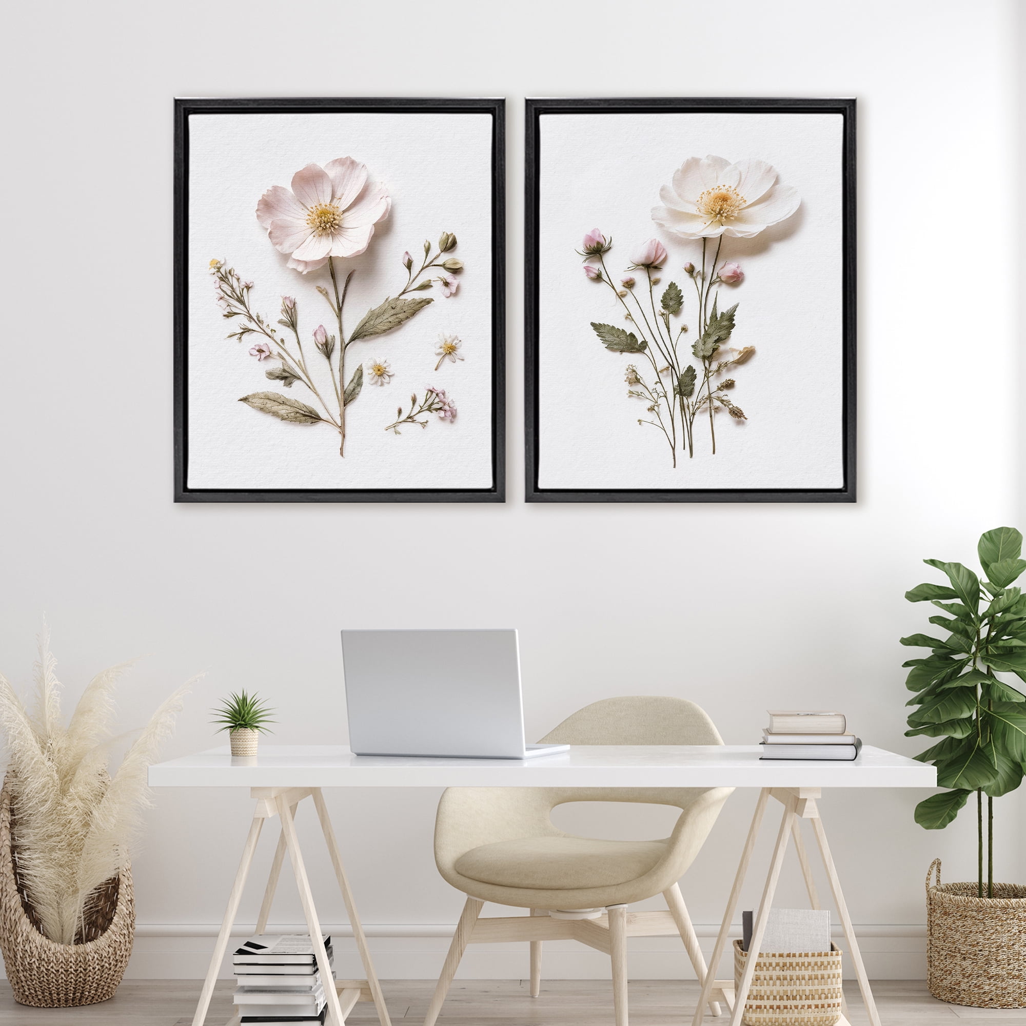 Minimal Pressed Flowers 2 Piece Black Framed Floater Canvas Set, design by Lettered and Lined