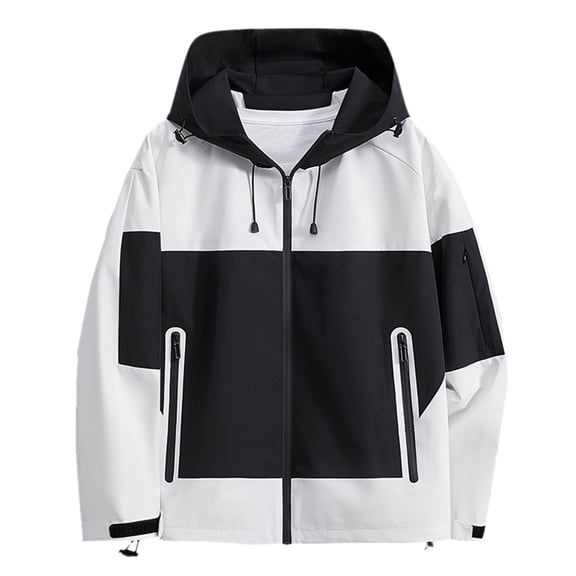 Windproof Casual Jacket Color Block Hooded Lightweight Breathable Hiking Windbreaker for Outdoor Camping Black L