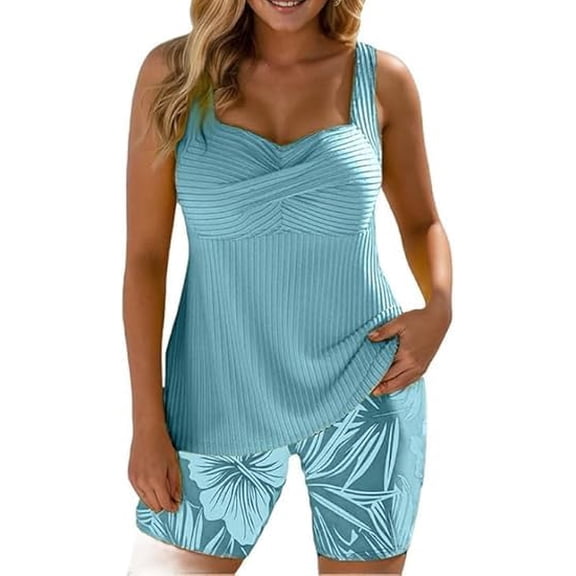 Two-Piece Body-Covering Printed Boxer Swimsuit, Backless Shirred Slim Fit Body Covering Vacation Swimwear