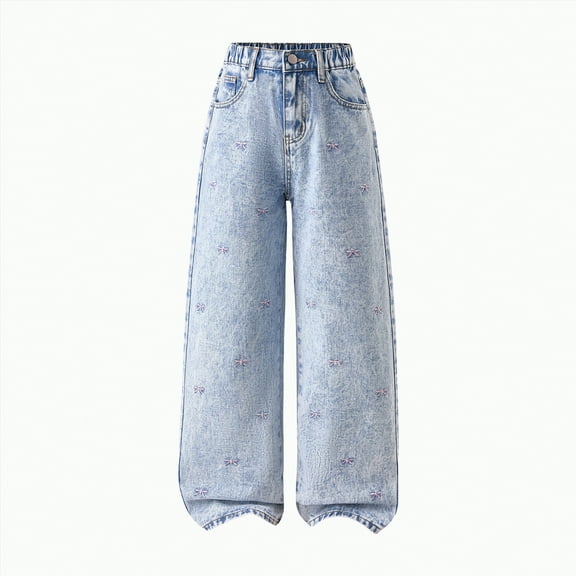 TOWED22 Little Girl Bow Baggy Jeans Elastic Waist Wide Leg Full Length Denim Pants Cool Y2K Casual Kids Trousers(Light Blue,13-14 Y)