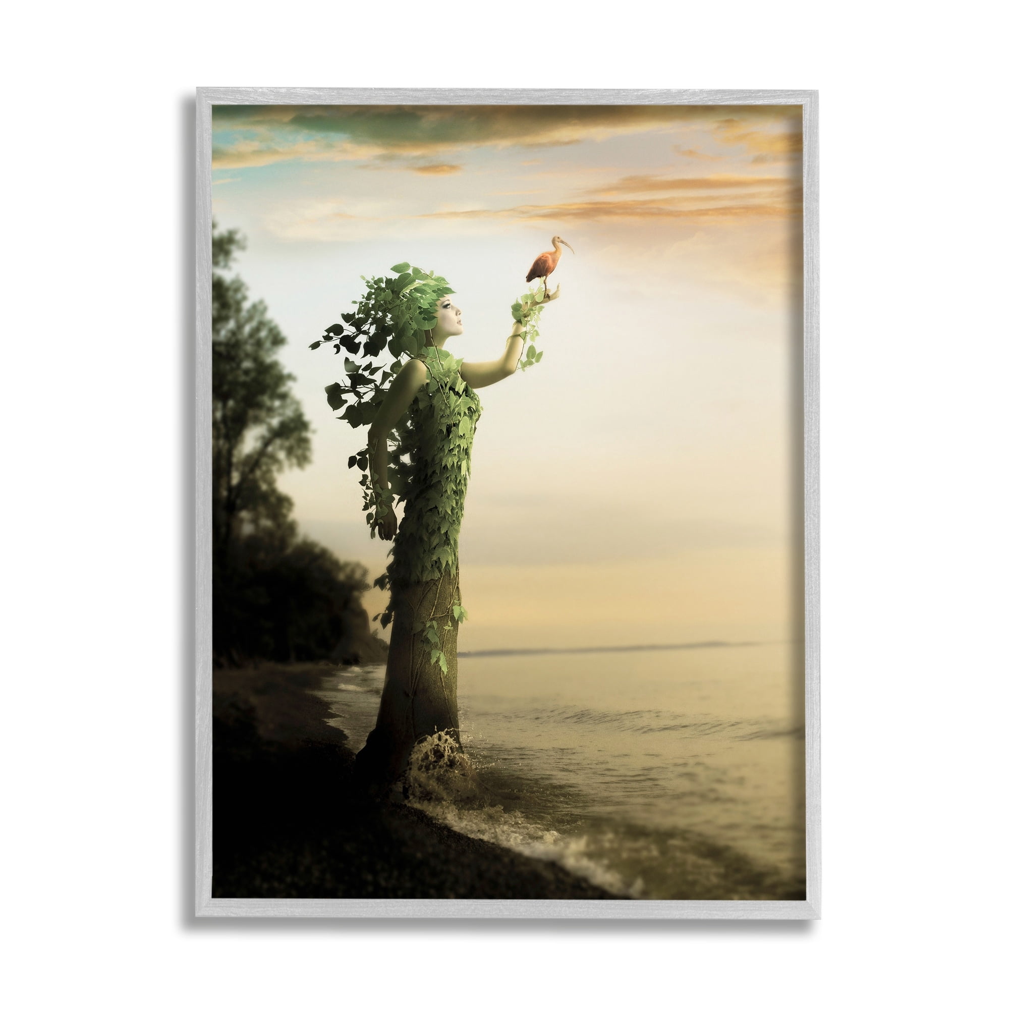 Woman Growing Vines Beach Shoreline Water Bird Coastal Painting Framed Art Print Wall Art