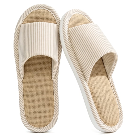 CHICVOMEY House Slippers for Women and Men Cozy Soft Lightweight Slip-On Open Toe Linen Cotton Slippers Casual Indoor Anti-Skid Soles