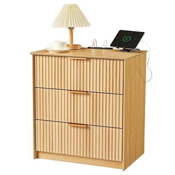 Set of 1 Fluted Nightstand with Charging Station, 3-Drawer MDF Bedside Table, Large Desktop, Gold Handles, Waterproof Top, 23.62" W x 15.75" D x 25.59" H, Natural Wood color