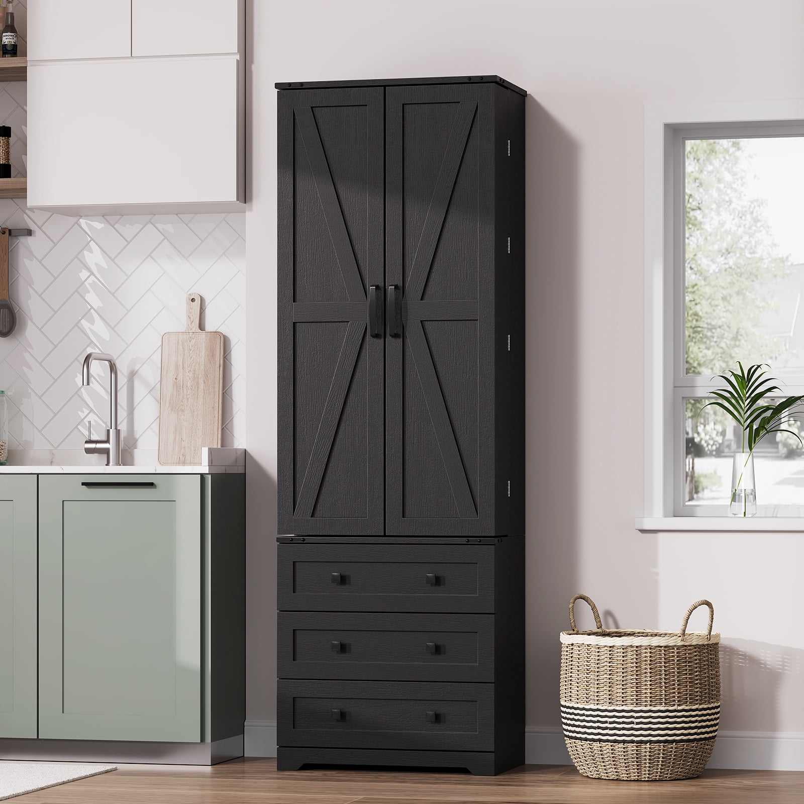 72" Tall Kitchen Pantry Cabinet with 3 Drawers&2 Barn Doors, Farmhouse  Storage Cabinet with Adjustable Shelves for Kitchen, Dining Room and Living Room