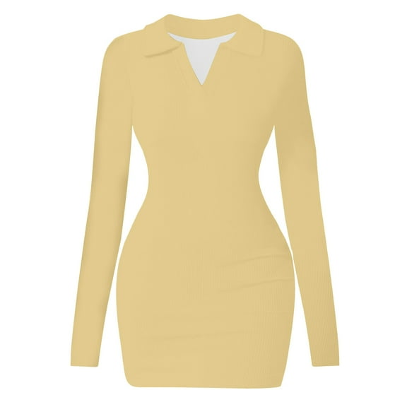 hotojiny Bodycon Mini Dress for Women Trendy Elegant Slim Long Sleeve Party Dresses Knit V-Neck Lapel Club Dress