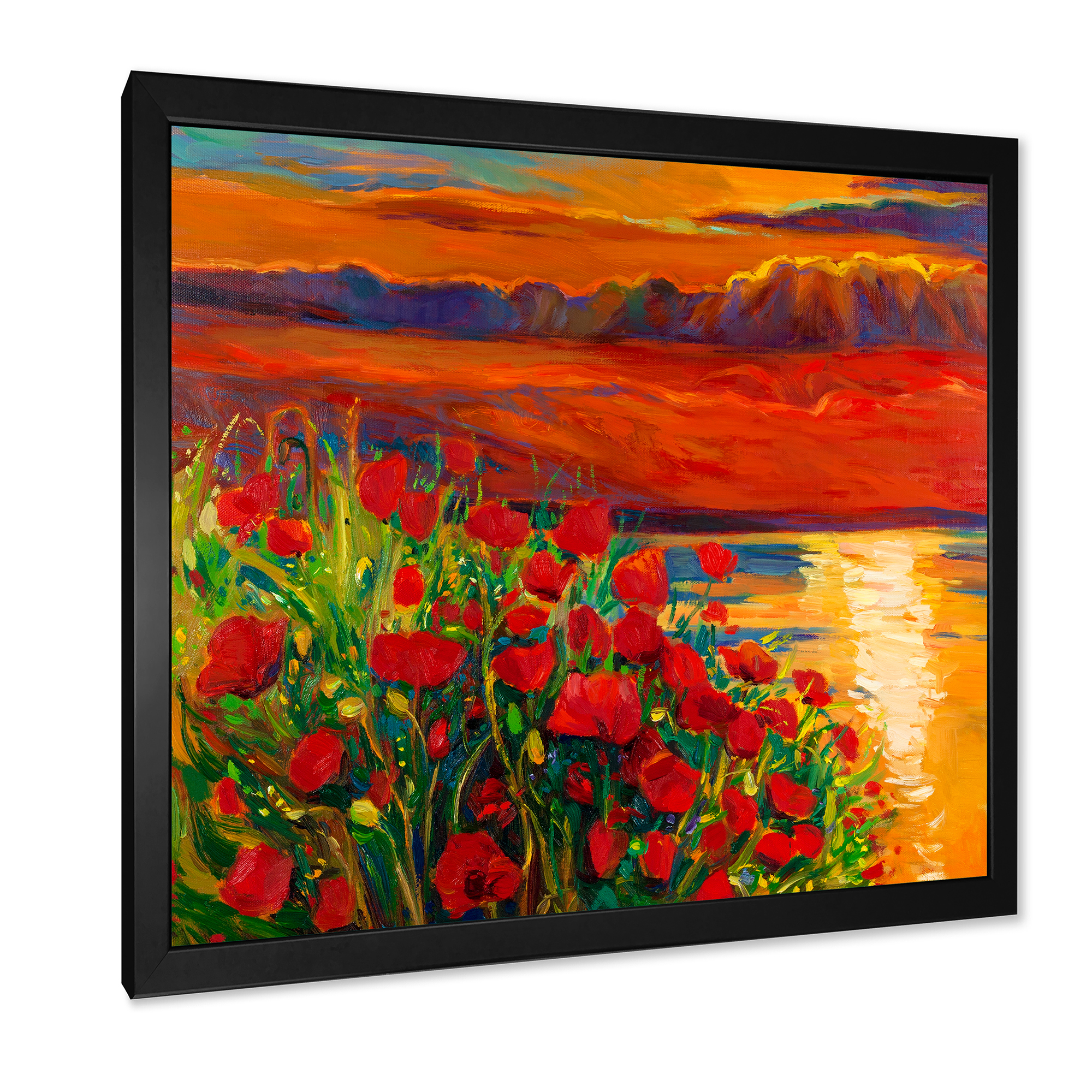 Red Poppies By The Ocean During Evening Glow 16 in x 16 in Framed Painting Canvas Art Print, by Designart
