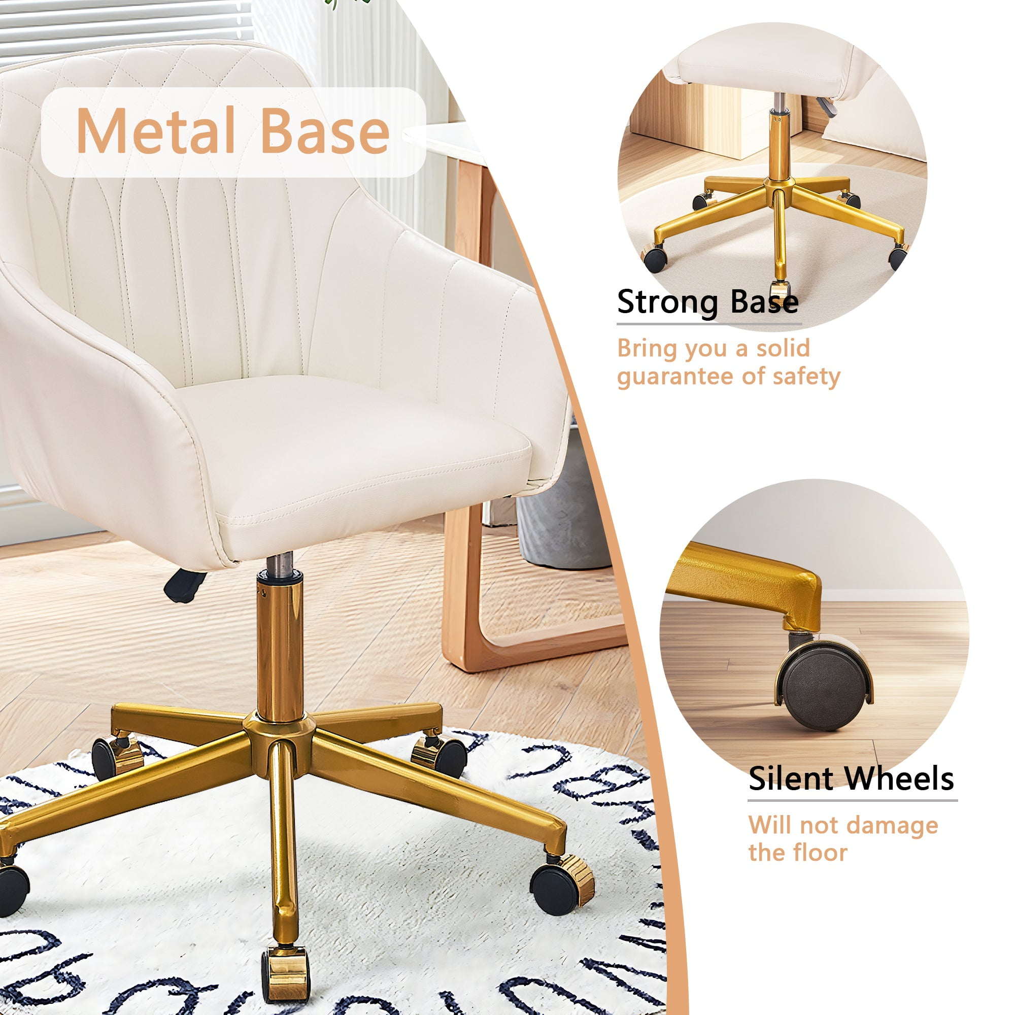 VECELO Home Office Chair, Modern Upholstered Swivel Desk Chair with Gold Base, Adjustable Height Vanity Chair for Study, Living Room, Bedroom, White