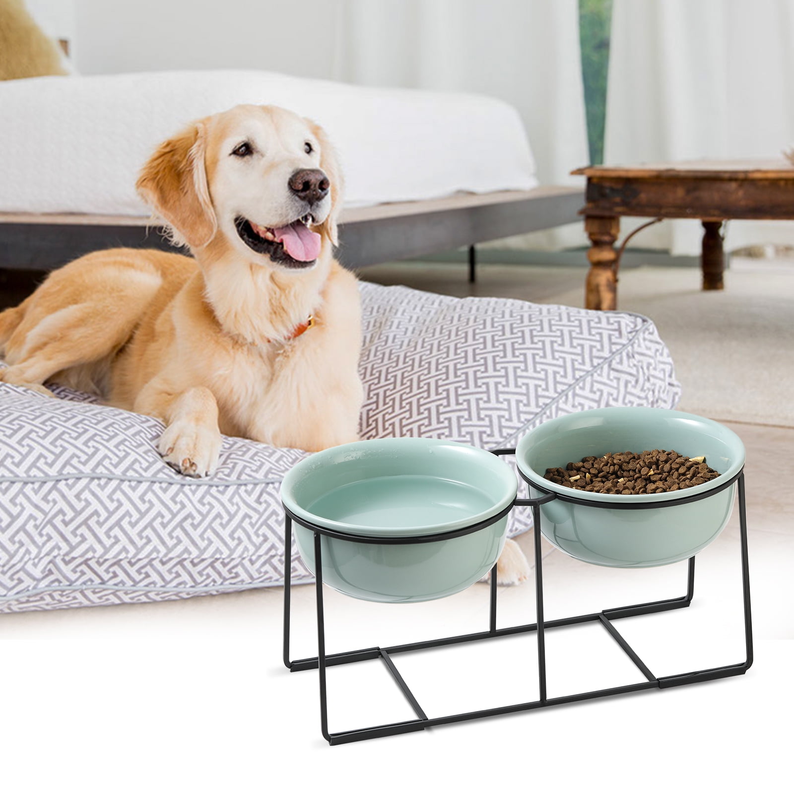 Raised Dog Food and Water Bowl with Non Slip Stand - Ceramic Pet Dishes for Medium to Big Dogs - 2 x 1600 ml