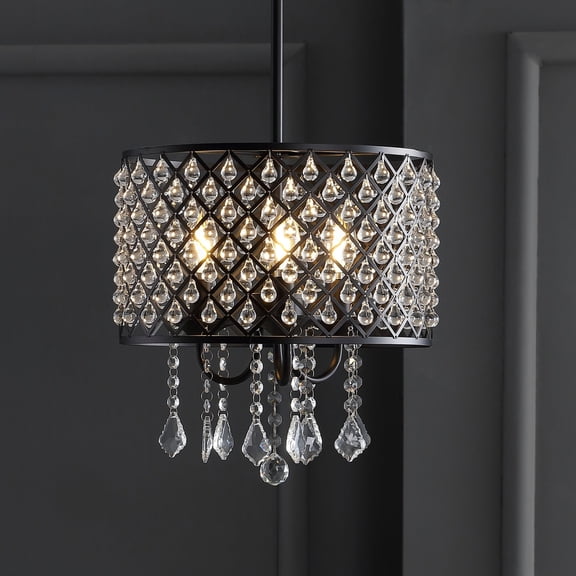JONATHAN Y Gigi 13" Metal/Crystal Adjustable LED Drop Chandelier, Black/Clear, JYL7463A