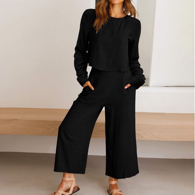 Traje De Pantalón Recortado Traje informal de 2 piezas para mujer, camisa de cintura alta, pantalones superiores, cuello redondo, atuendo diario Cgtredaw Negro S para Mujer