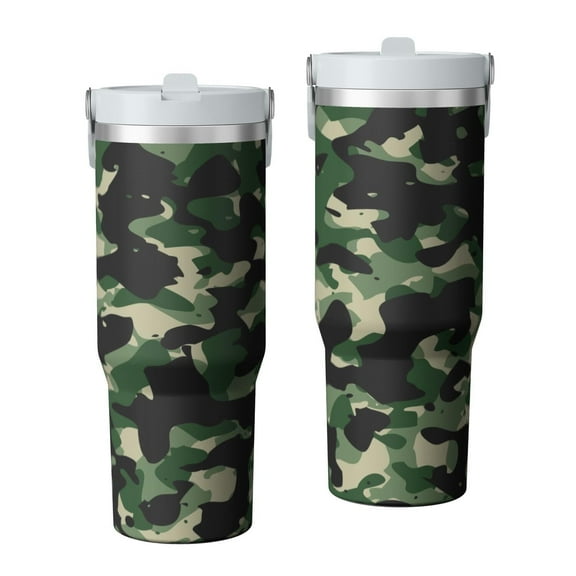 Camouflage 30oz Handheld Travel Tumbler with Handle – Double Wall Stainless Steel Insulated Cup, Flip Straw Lid, Leak-Proof & BPA-Free for Hot and Cold Drinks – Durable Coffee & Juice Mug White