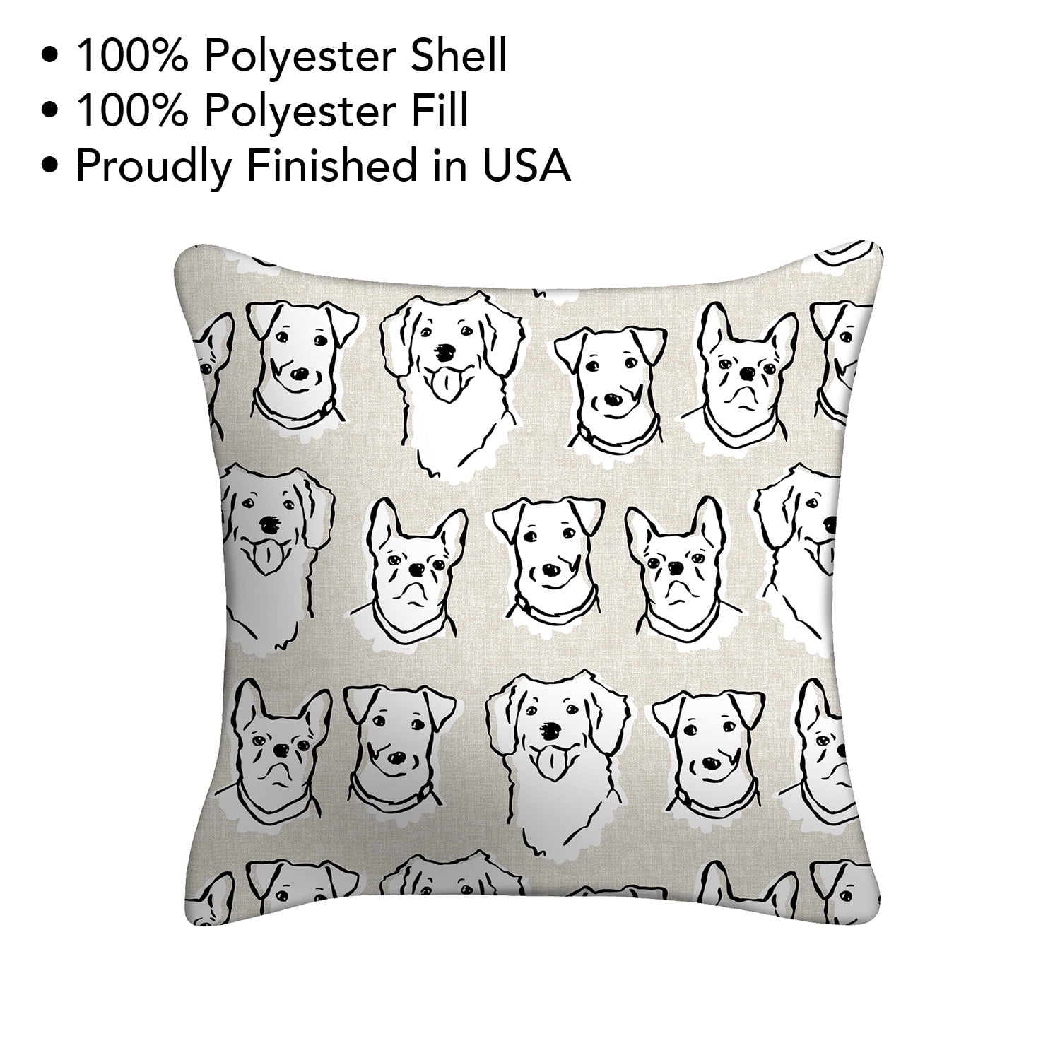Mainstays 16" x 16" Dog Faces Decorative Outdoor Throw Pillow, Beige