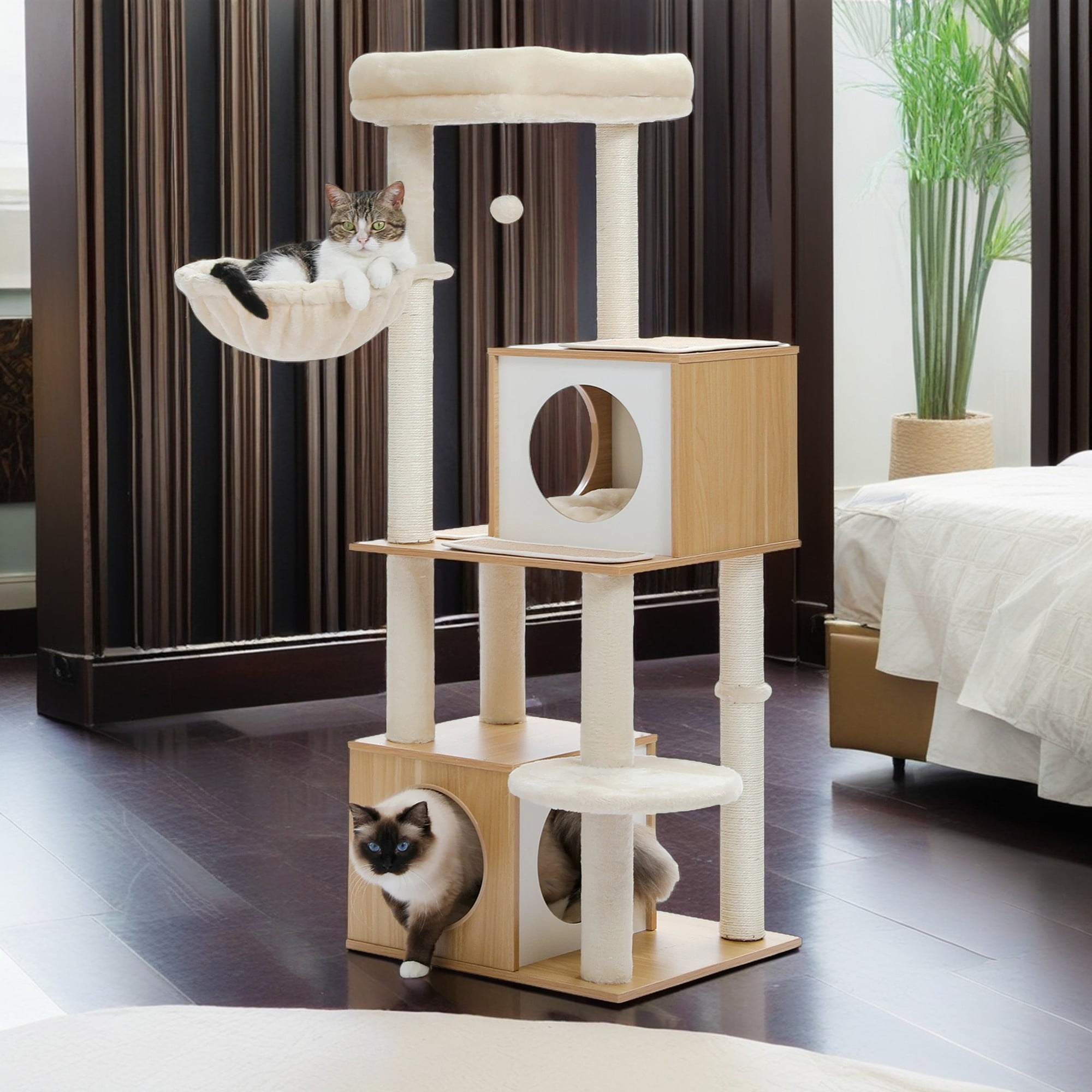 Kadyn 51" Modern Cat Tree Tower for Indoor Cats, Wood Condo with Hammock, Scratching Post and Removable Pads for Small Large Cats, Beige