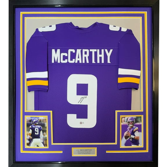 Framed Autographed/Signed J.J. JJ McCarthy 35x39 Minnesota Purple Football Jersey Beckett BAS COA