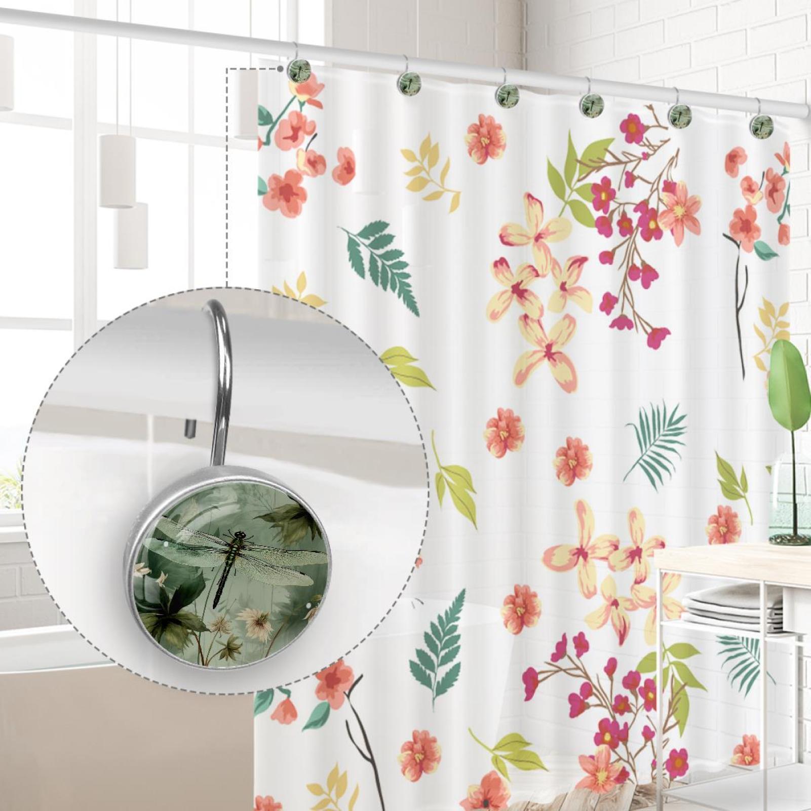 Dragonfly Rolling Shower Curtain Hooks, Clear Crystal Glass Art Decorative Stainless Bath Bathroom Set 12 Pcs