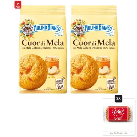 2 Pack | Mulino Bianco Cuor Di Mela 8.82Oz (250G) – Authentic Italian Biscuits With Apple Filling – Perfect Snack Or Breakfast Treat – Made With Natural Ingredients & 2x Lotus Biscoff Cookies 0.2oz