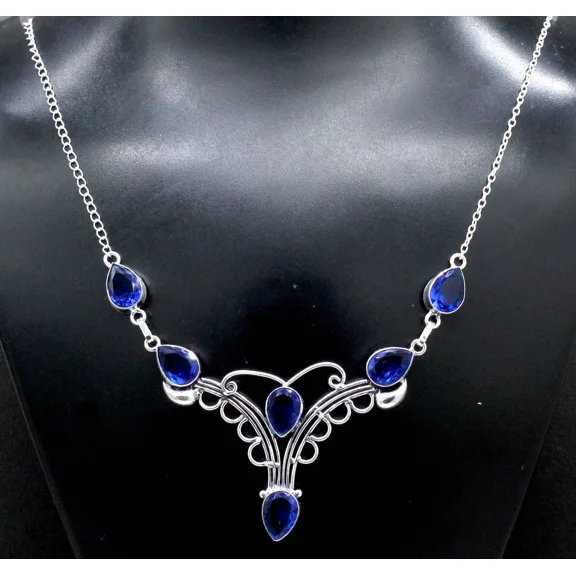 925 Sterling Silver Sapphire Gemstone Jewelry Necklace Size-17-18"