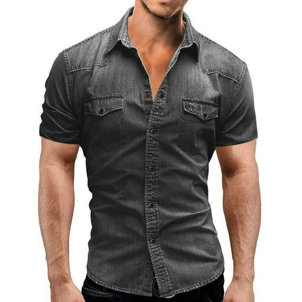 Qarigey Hombres Camisa de mezclilla de verano Pantalones vaqueros delgados Manga corta Estilo americano Muscle Fit Ropa de moda Camiseta de Type1 NO1 Walmart en linea
