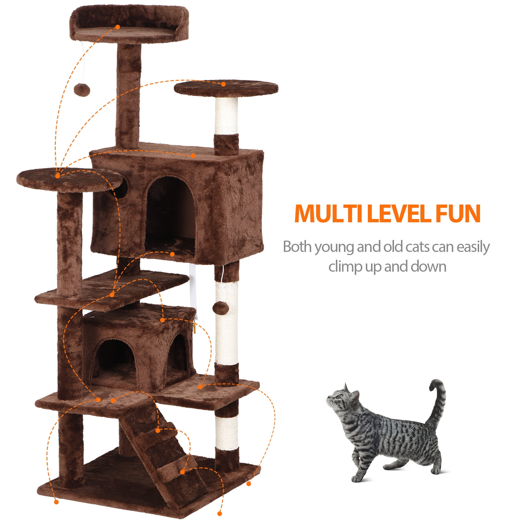 HomGarden 53'' Multi-Level Cat Tree Condo Cat Tower W/Scratching Posts & Plush Perch, Brown