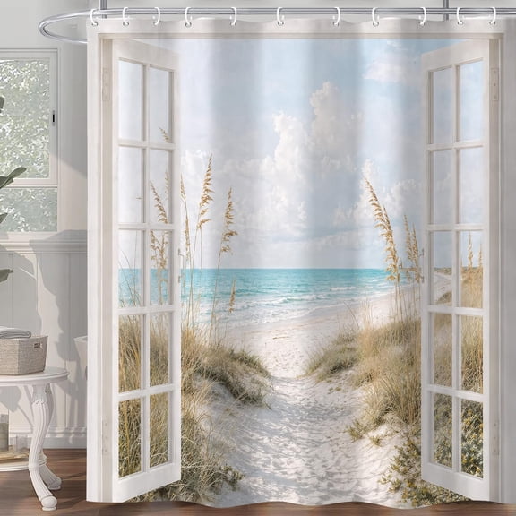 Beach Shower Curtain Ocean View Window Fabric Bathroom Decor with Hooks 71x71 inches