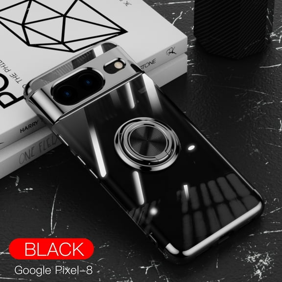 Nalacover Magnetic Case for Google Pixel 8, Electroplated Frame Clear Rotate Ring Holder Kickstand Slim Thin Fit Cover Support Car Mount All-Inclusive Lens Protection Anti-Yellowing Case,Black
