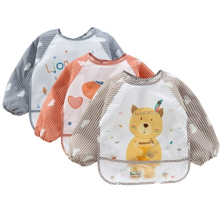 

3 Pack Long Sleeve Bibs for Babies Shirt Bib Waterproof Sleeved Bibs for Babies Eating Feeding
