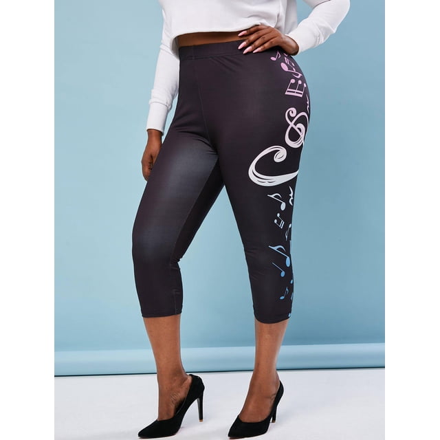 Talla grande Notas de música Imprimir Leggings Capri Rosegal Leggings de talla grande