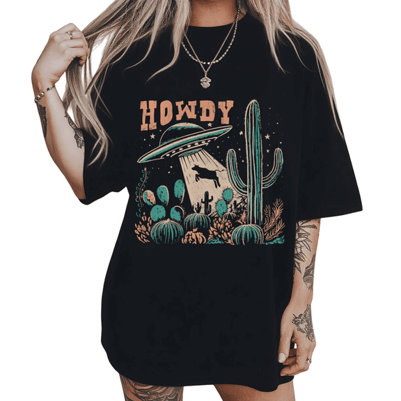 Absurd Western UFO Cactus Shirts Black S-5XL Whimsical Sci Fi Western Art Print Tshirt Graphic Tees Tops