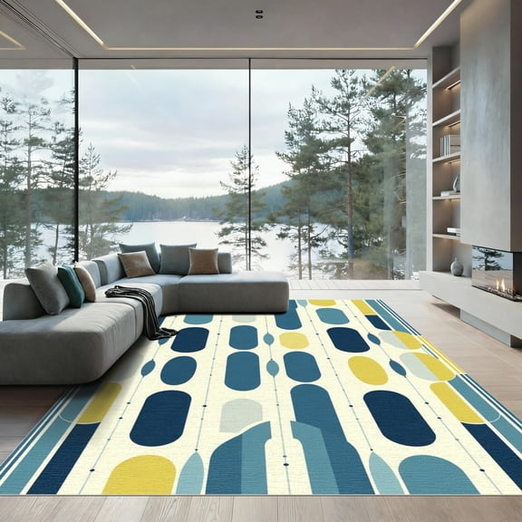 ODIKA 4'x6' Machine Washable Non-Slip Area Rug, Mid Century Modern Navy Blue High Traffic Rug, Blue, 1077167