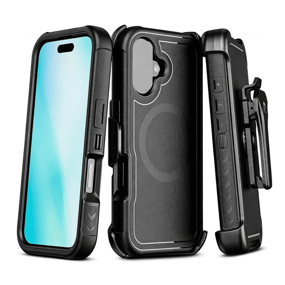 GJX Series for Iphone 16 6.1 Case with Belt Clip Holster,[Compatible with Magsafe] W/Screen Protector,Anti-Drop,Shockproof,With 360°Rotating Kickstand,Heavy Duty Protection Black