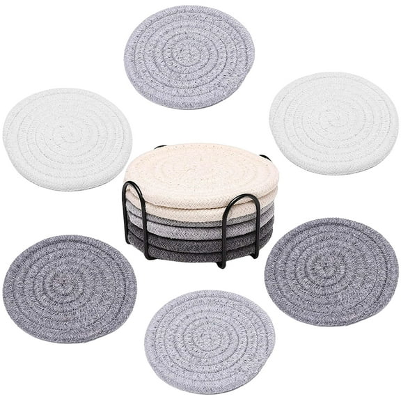 6 Pcs Cotton Woven Coasters Absorbent Drink Coasters Set for w/Metal Coaster Holder Handmade Braided for Tabletop for Pr